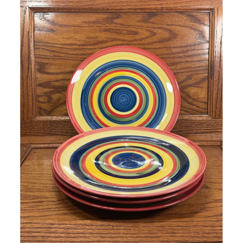 Swirl Hand Painted Dinner Plates Set of 4 Multi Color Concentric Circle Ceramic
